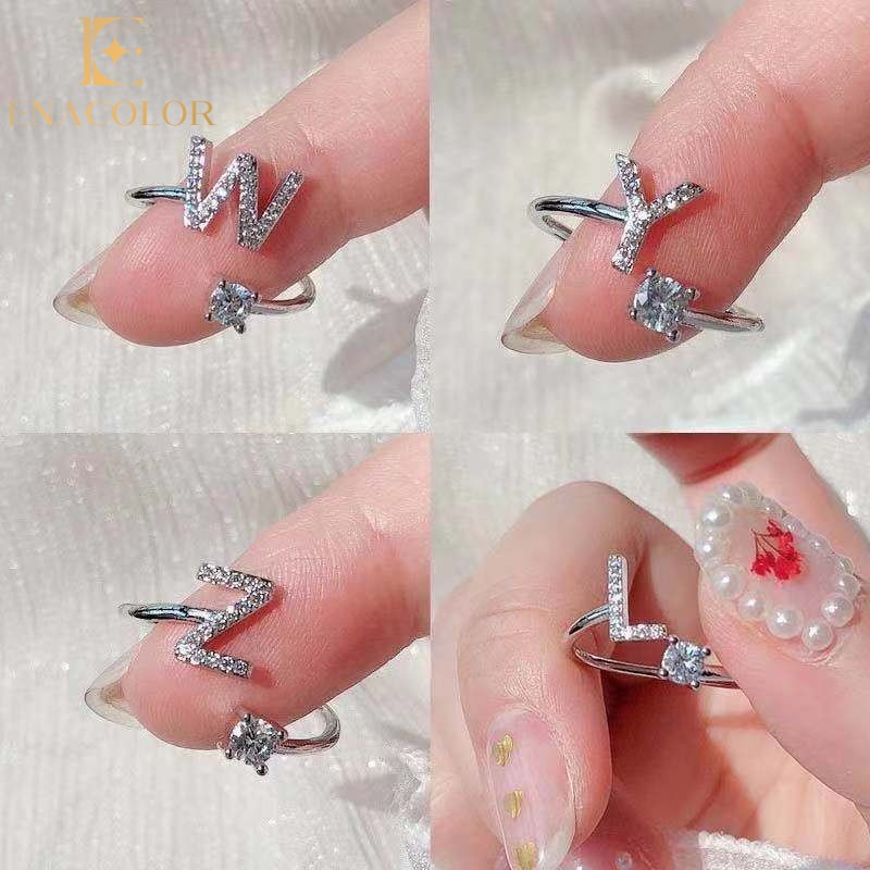 Enacolor Delicate Crystal Name Letter Open Rings Adjust for Women Korean Jewelry Accessories Gifts