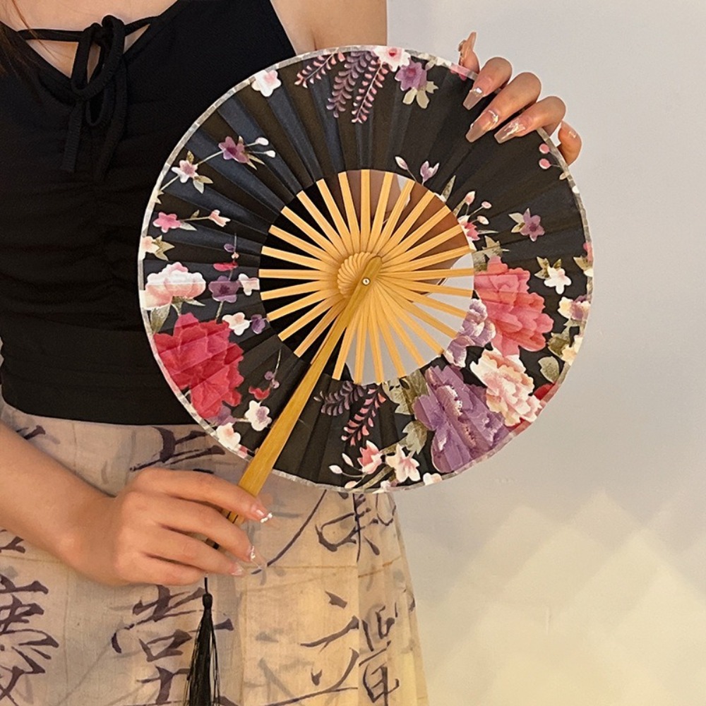 Vintage Chinese Style Folding Fan bamboo hand Wooden Shank Classical Dance with Tassel Elegent Female Home Decor