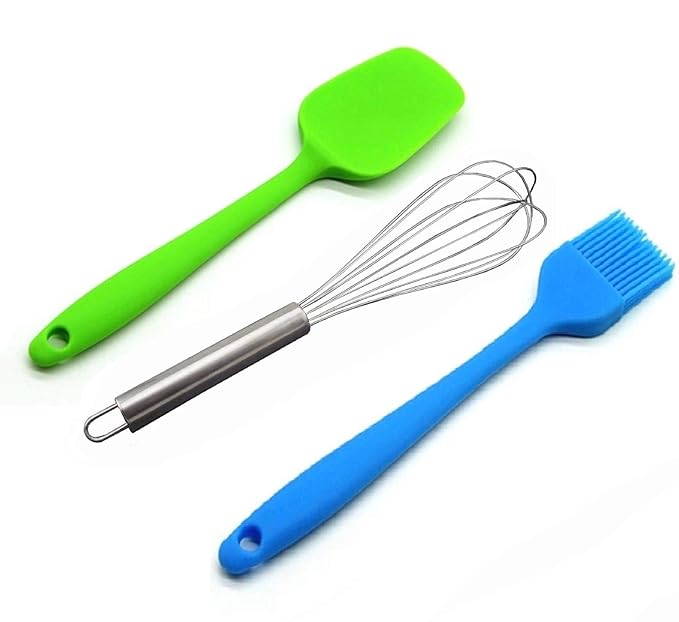(Set of 3 )Combo of Full Silicone Spatula Plus Cooking Oiling Brush and Stainless Steel Whisk Egg Beater