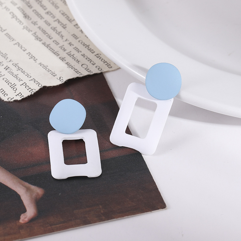 quality】Silver Needle Summer Baby Blue Contrast Geometric Earrings Gentle Cream White Hollow Simple Wind Earrings for Women