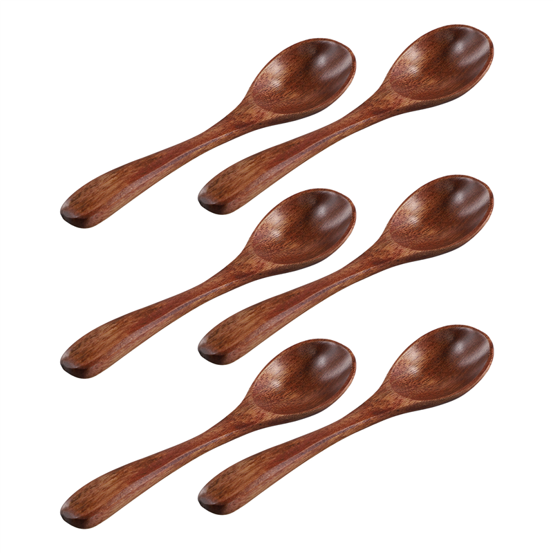 OUMERY Small Wooden Spoons, 6 PCS 5.3 Inch Natural Soup Spoons Bamboo Wood Spoon for Eating, Handmade Condiments Mixing Serving