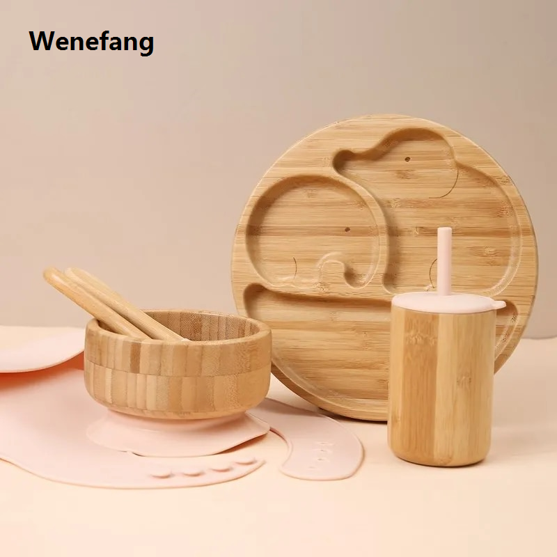 Wenefang Baby Tableware Set Feeding Bowl Dinner Plate Cup Bibs Spoon Fork 【2025 Version】 Bamboo Wooden Children's Feeding Dishes Sets BPA Free Non-Slip