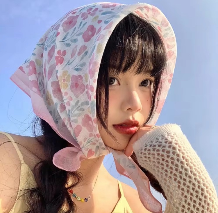 Masala Beads Fashion French Style Literary Square Scarf Head Wraps Custom Cotton Polyester Linen Fresh Breathable Flower Design Headband