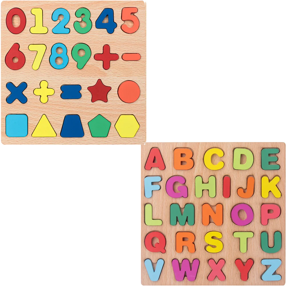 2 In 1 Wooden Puzzle Combo Set Including English Capital & Counting Number Learning Board, Early Educational Toy for Baby (20×20 cm)