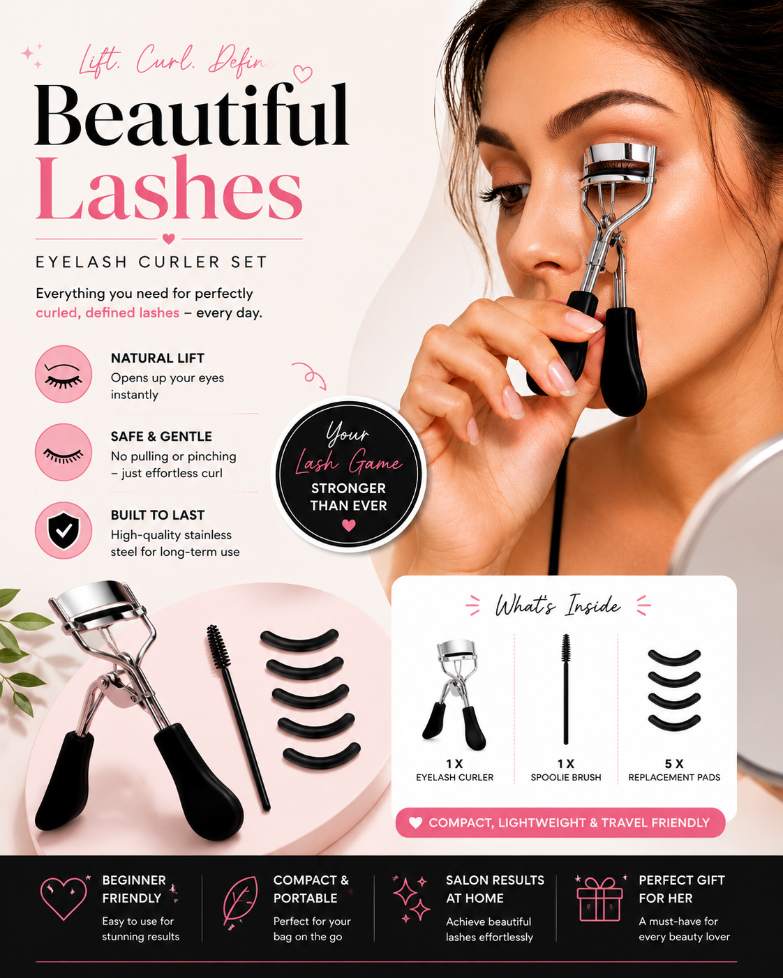 Essential Lash Curler & Precision Tool Set: Compact, Stainless Steel Design for Instant Eye-Opening Volume