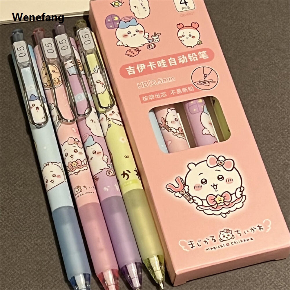 Wenefang 4pcsChiikawa Mechanical Pencil Set Usagi Hachiware Cartoon Automatic New Pressing Pencil Portable Replacement Core Pencil Stationery