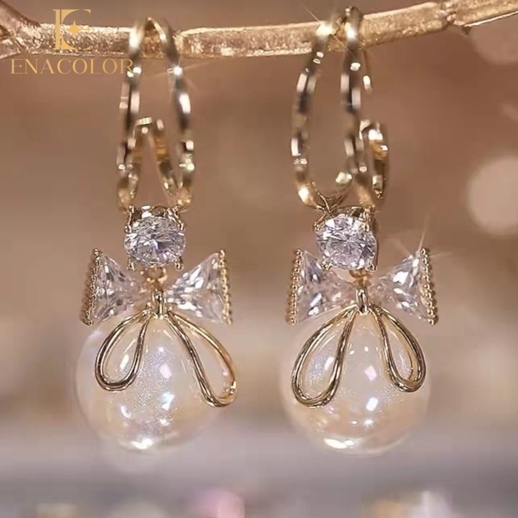 Enacolor Retro Gold Bow knot Earrings for Women, Crystal Pearl Earrings Girl Niche Trendy Jewelry Accessories Banquet Party Anniversary Gifts
