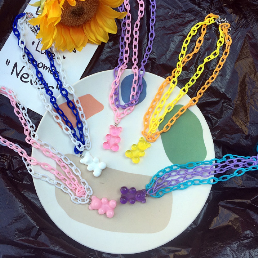 Double Layer Candy Color Women Girls Funny Cartoon Bear Necklace Chain Pendant Cute Choker Multilayer Necklace