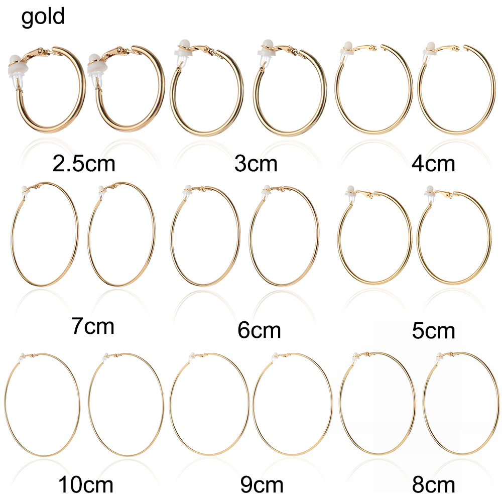 1 Pair New With Cushion Pad Gold Silver Black Without Piercing Earrings Hoops Big Circle Clip On Ear