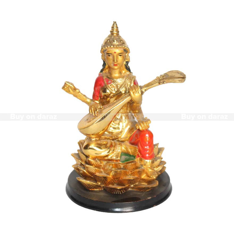 Golden/Red Ceramic Lord Saraswati Statue 5inch