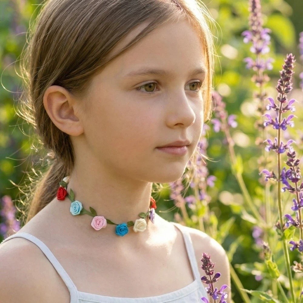 Elegant Fashion Splicing Green Leaf Ribbon Rose Flower Necklace Style Collarbone Choker Satin Cloth Flower Choker Street Jewelry Colorful Summer Clavicle Chain Spring Summer