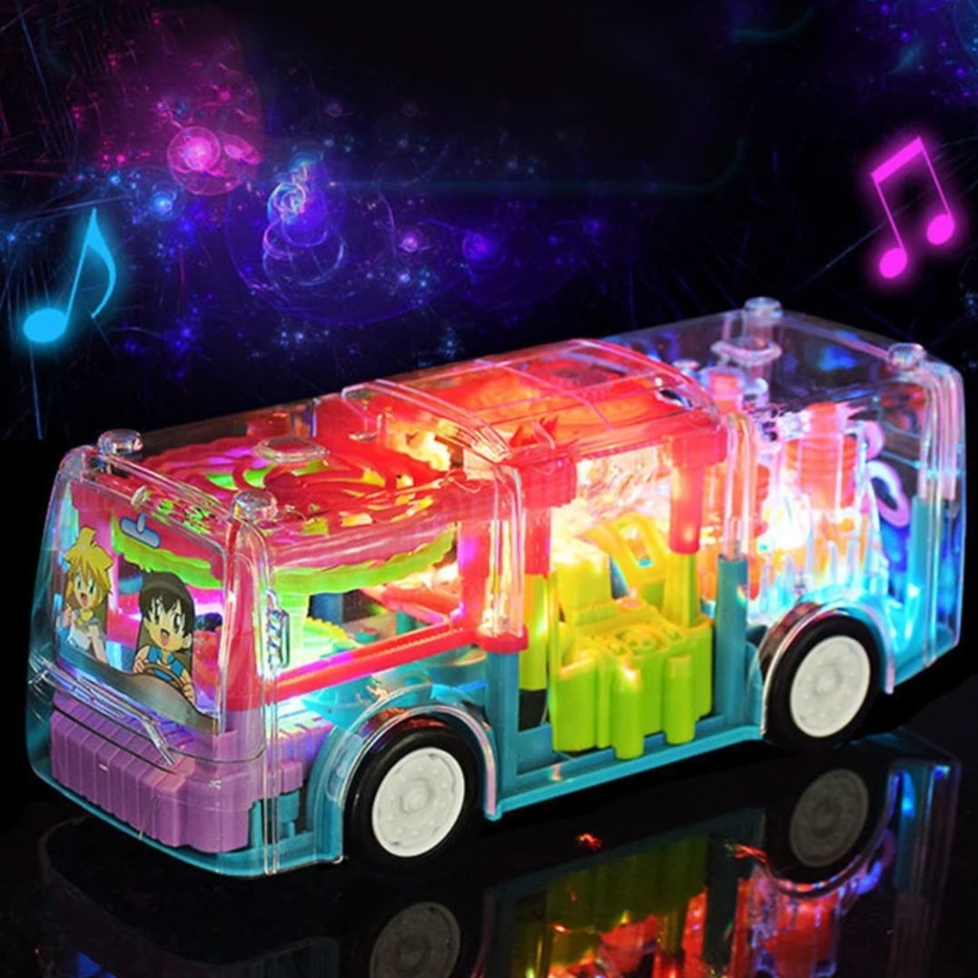 Electric Universal Transparent Music Gear Bus With Lighting Music Funny Interactive Bus Toy Kids Early Educational Learning Toys