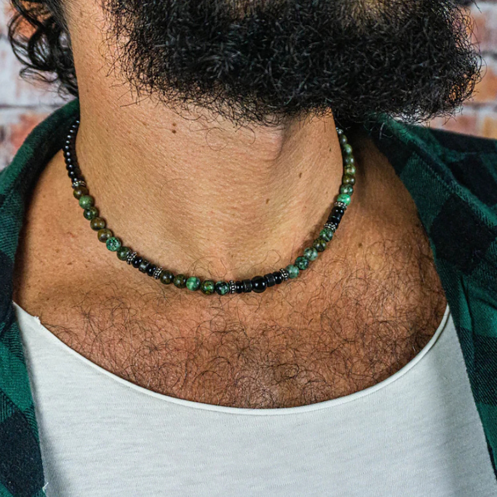 【Innovative designs】New Natural Stone Beaded Handmade Necklace Single Personality Punk Style Stainless Necklace for Men