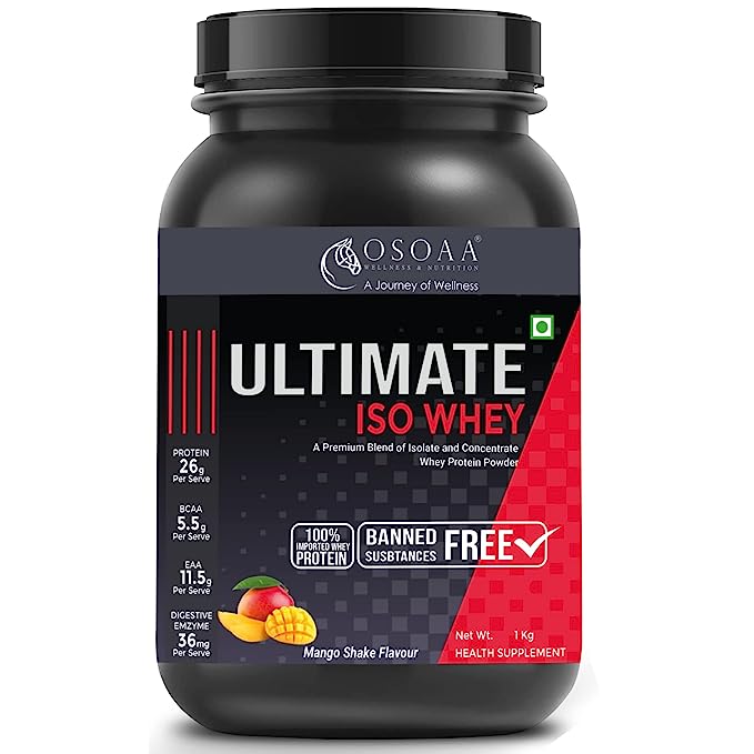 OSOAA Whey Ultimate Iso Whey 1Kg | 26g Protein with Whey Isolate as Primary Source (Mango Shake)