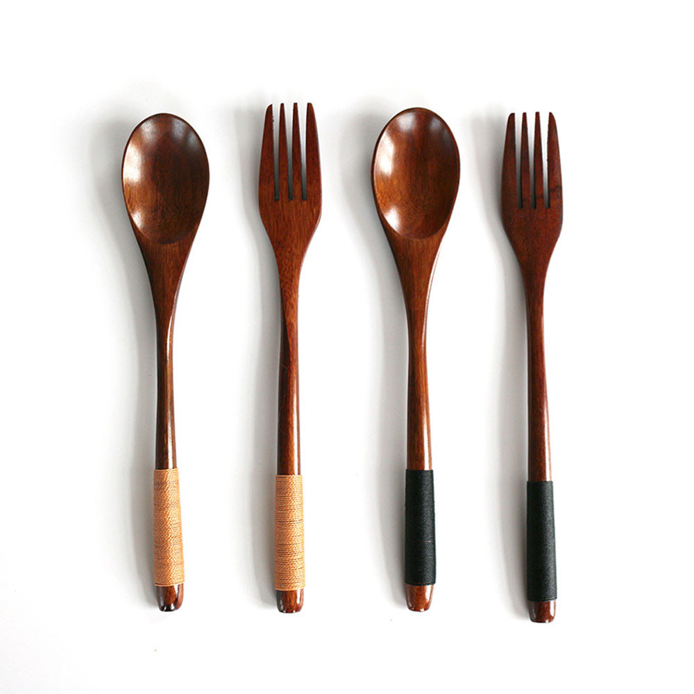 Cutlery Kicthen, Cutlery Western-style Set Dinner Fork Cutlery Fork Bamboo Spoon 2PCS Set, Natural Wood Spoon, Set