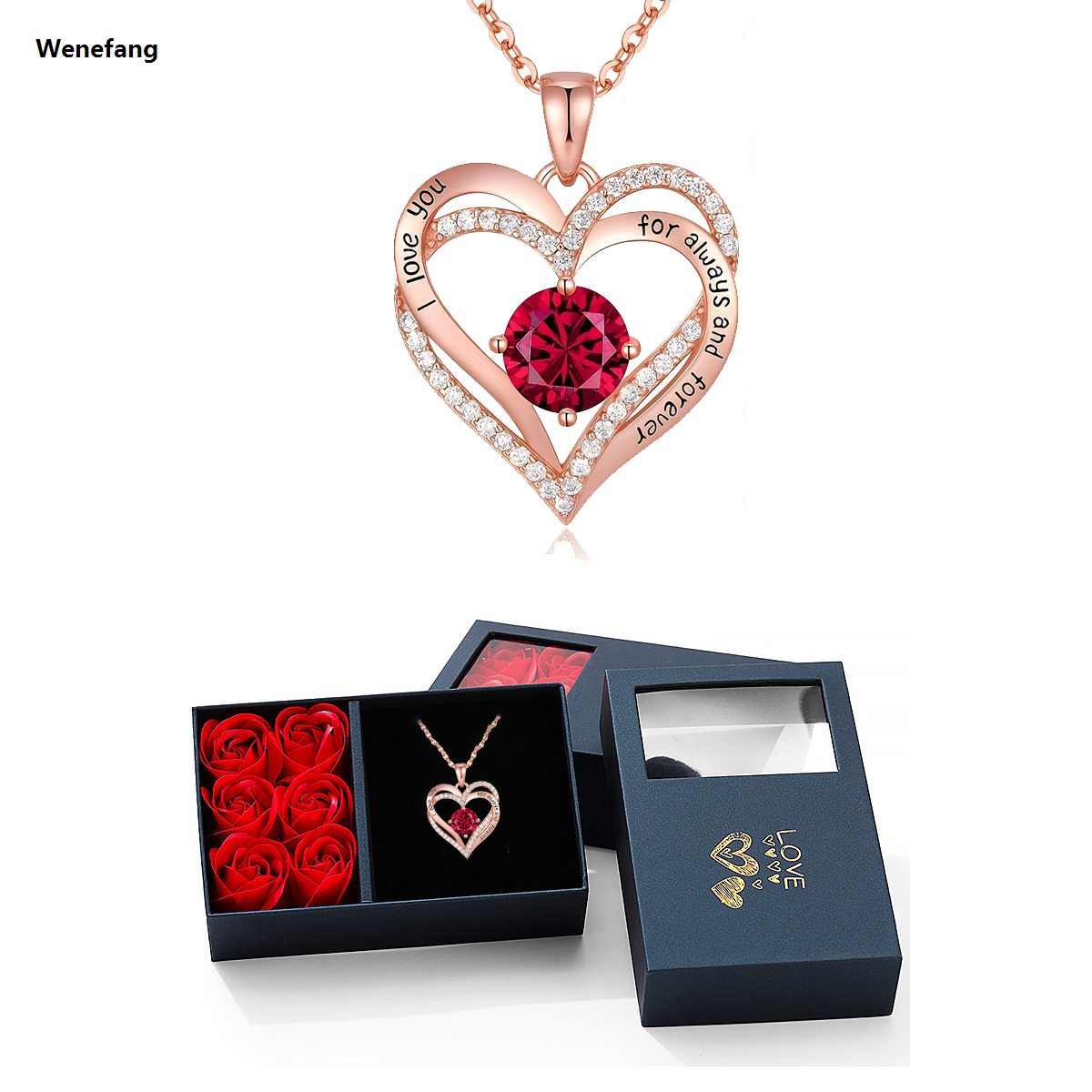 Wenefang Luxury Red ZIrcon Heart Necklace With 6 Roses Gift Box For Mother New Girlfriend Birthday Holiday Gifts 2024 Romantic Accessories