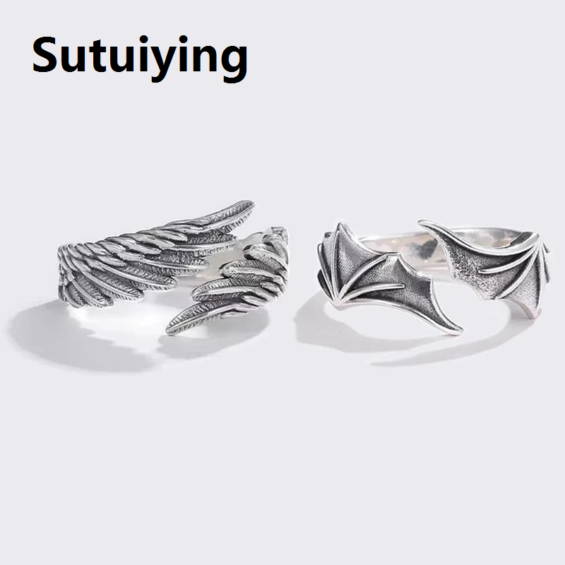 Sutuiying Retro Angel Demon Wing Couples Rings Fashion Men Women Jewelry Vintage Ancient Silver Color Punk Hip Hop Adjustable