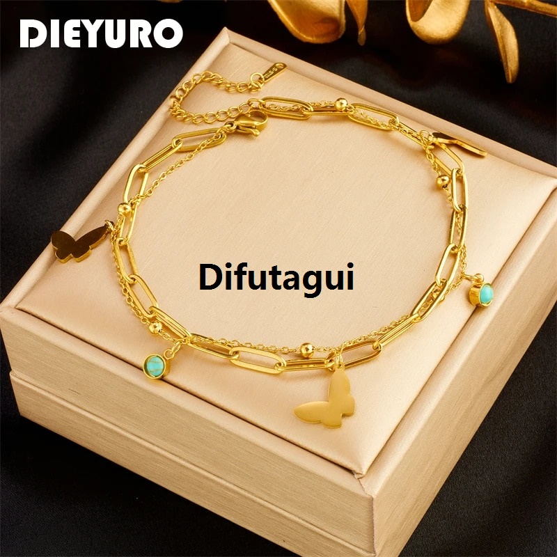 Difutagui Special discounts DIEYURO 316L Stainless Steel Multilayer Butterfly Charm Profesional Anklets For Women New Trend Girl Leg Chain Jewelry Gift Party Wedding