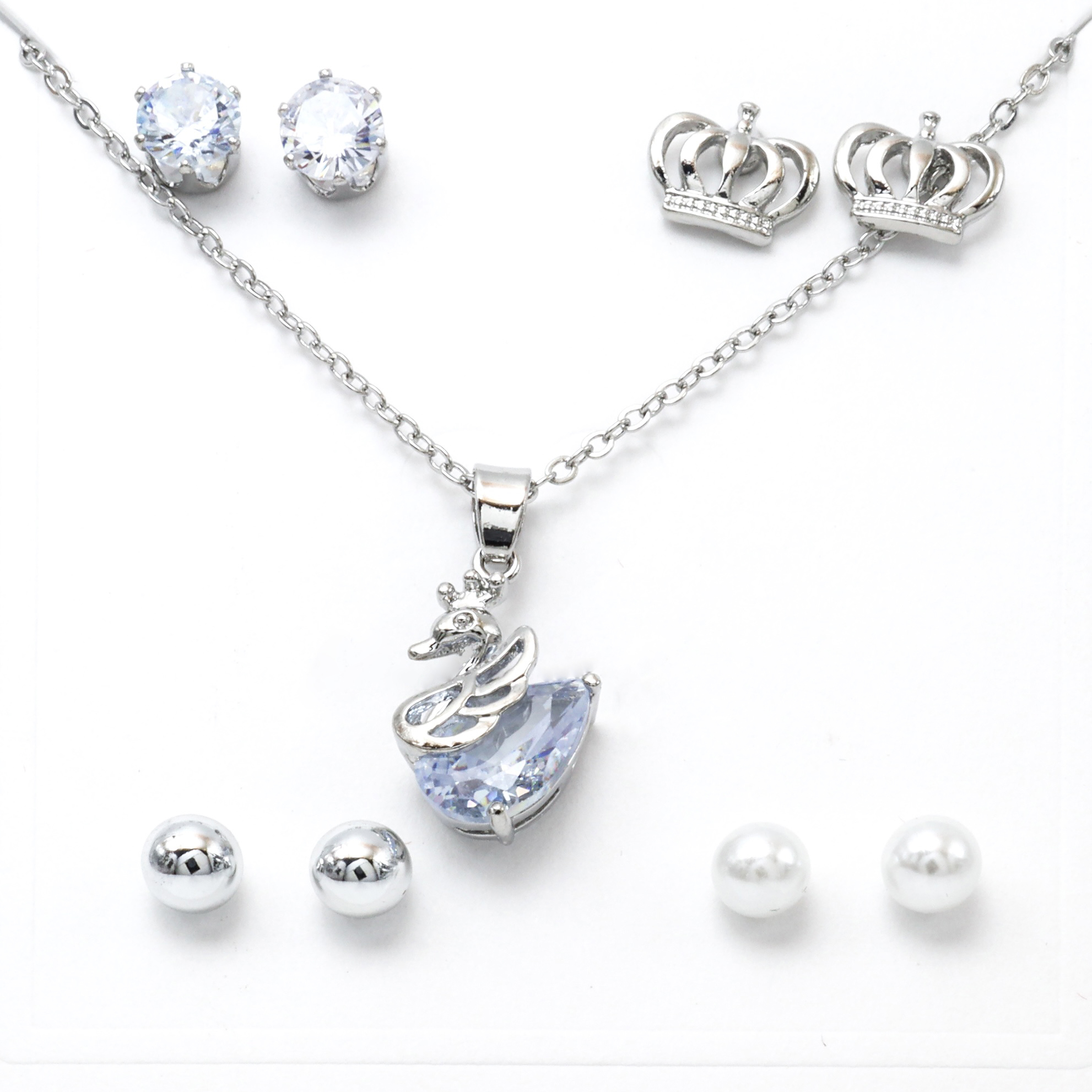 Sterling Silver Plated Jewelry Set: Adjustable Heart Design Necklace and Four Pairs of Earrings Adorned With Stunning White Stones/Moti For Women (4 Pairs Of Earrings & 1 Necklace)