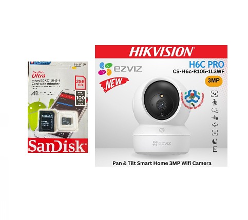 Ezviz H6C Pro 2K 3MP Indoor Pan & Tilt Wired/Wireless CCTV Camera With Smart Night Vision ( SanDisk 256 GB Memory Card Included )
