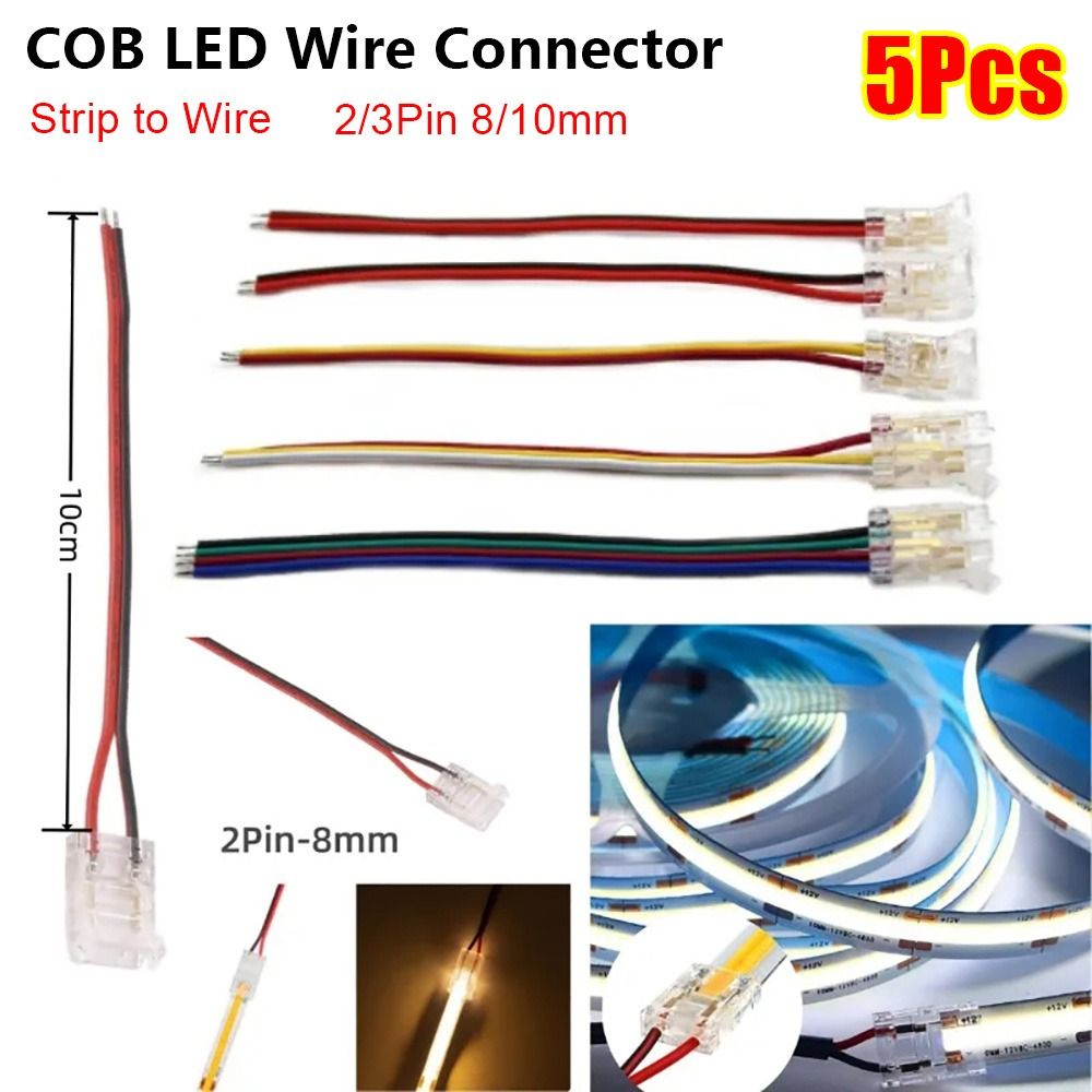 5Pcs/Set Durable 2/3 Pin COB LED Wire Connector 8/10mm Single Head Pin Connector Solderless with 10cm wire LED Strip Connectors FCOB RGB CCT LED Strip Lights