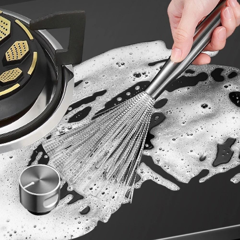 New Anti-Rust Stainless Steel Pan Brush Long Handle Kitchen Clean Tools Cleaning Brush Utensil Scrubber Pot Cleaner Dishwashing Brush