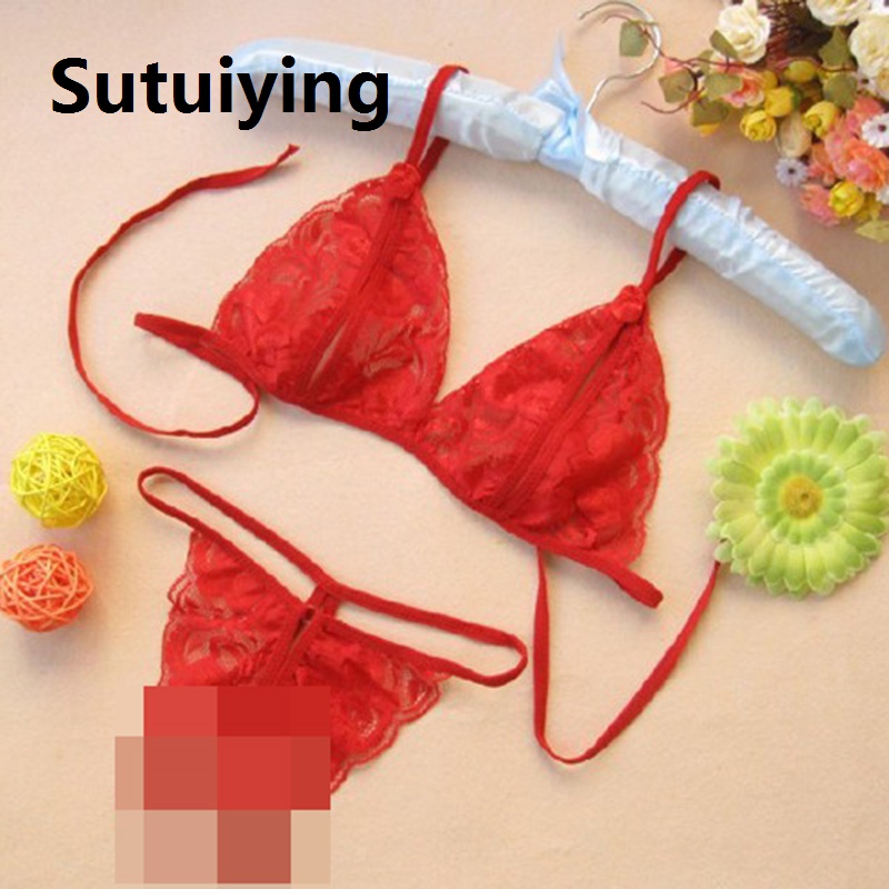 Sutuiying Underwear Three-point Open Cleavage Bikini Lace Pajamas Thong Two-piece Set.