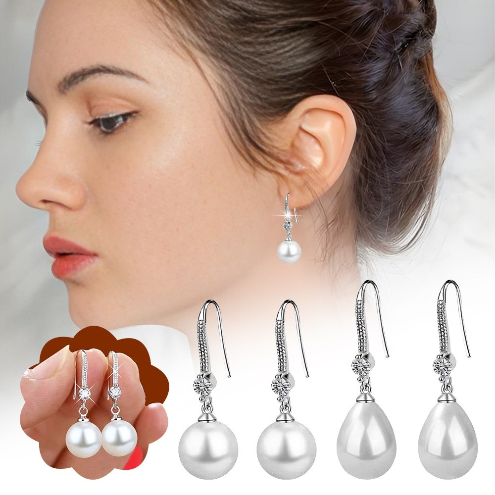 1 Pair Fashion Water Imitation Pearls Pearl Earrings Round Water Drop Shape Ear Studs Sparkling Inlaid Stud Earrings Women Gift