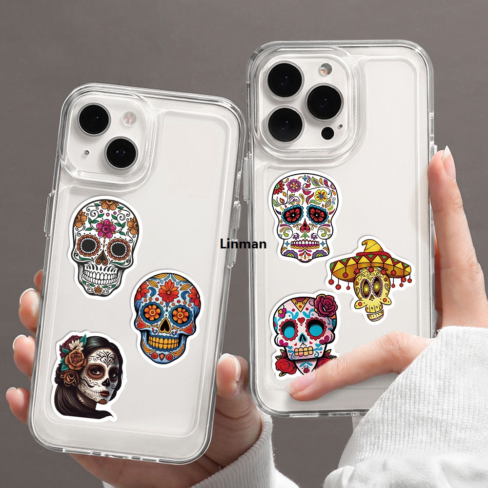 Linman 50PCS Mexican Day of the Dead Headbone Graffiti Sticker SkateboaPortable rd Suitcase Guitar Kettle Deco Laptop Skin Waterproof Phone Case