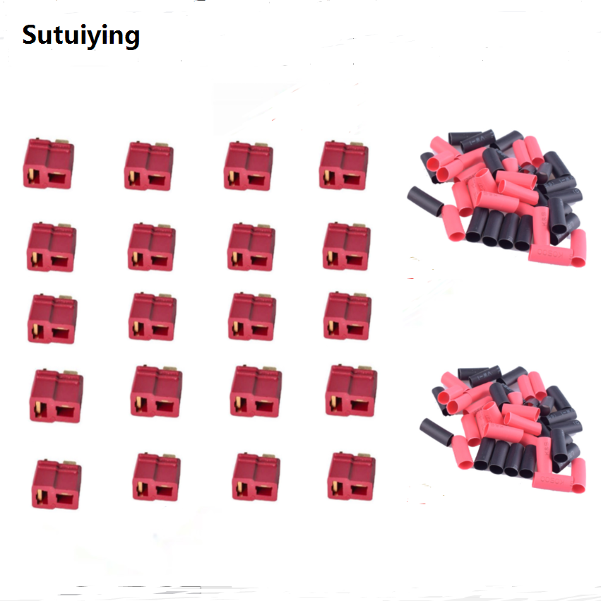 Sutuiying 2/5/10 Pairs 20Pcs Red Non-slip Deans 2 Grips T Style Plug Connector Portable Male Female with Heat Shrink for RC Lipo Battery ESC Motors