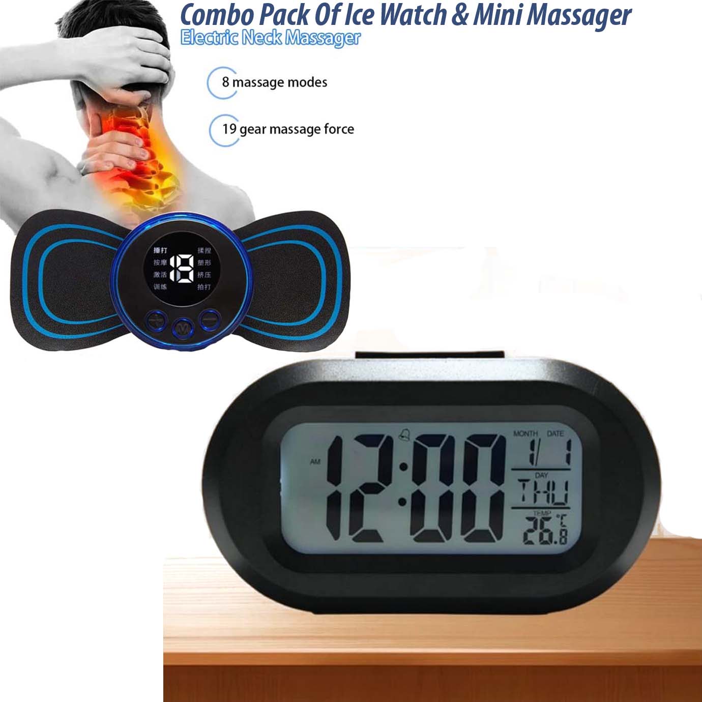 Multifunctional Portable Small Size Table Clock (Blue) & Mini Massager Combo Pack ||