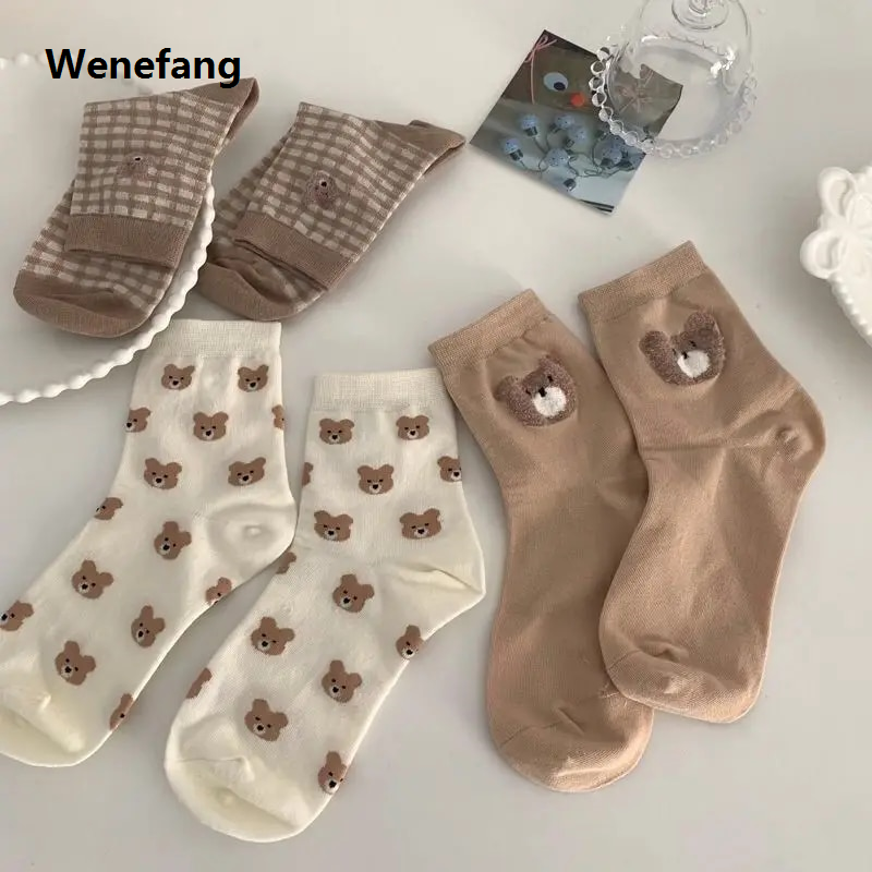 Wenefang Creative New Brown Bear Socks Female Middle Tube Socks Japanese Cute Small Fresh Wild Student Socks Autumn and Winter Socks