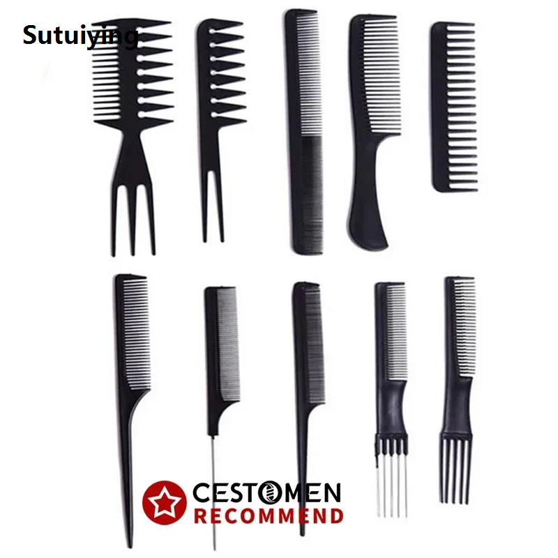 Sutuiying 10pcs/lot Black Makeup Comb Set Styling Hairdressing Comb In 10 Original Designs Barber Training Tail Comb Salon Studio HairCut Comb P10