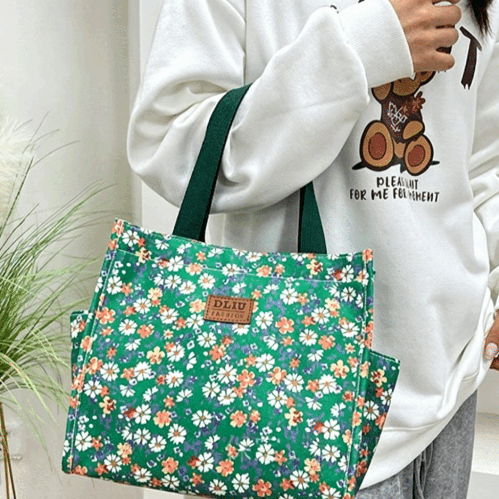 Portable Floral Pattern Canvas Lunch Bag Large Capacity Printed Fabric Handbag Multi Pocket Zipper Closure Storage Bag Work