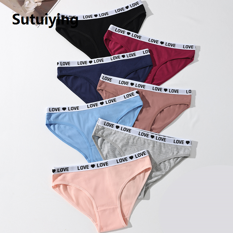 Sutuiying 7Pcs/Set Women's Cotton Panties Soft Striped Underpants Cute Letter Girls Briefs Female Breathable Stretch Lingerie XS-XL