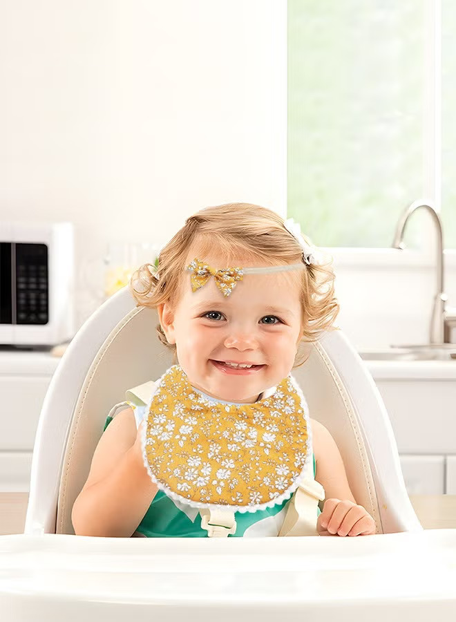 Baby Bib for Girls Baby Unisex Floral Print Bibs with Matching Bows Headband U-shaped Cotton Saliva Baby Drool Bib Adjustable Bib Reversible Burp Cloth Set for Newborn Infant Toddler