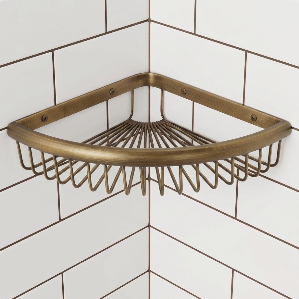 Practical Copper Corner Shower Basket Brass Vintage Style Storage Rack Drain Tray Metallic Finish Corner Shelf Bathroom Shower Kitchen