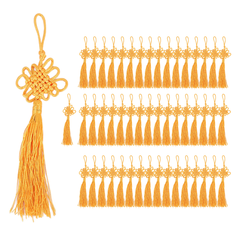 50 Pcs Handmade Yellow Chinese Knots Soft Tassels Holiday Gift for Spring Festival, Special Gift for New Year Decoration