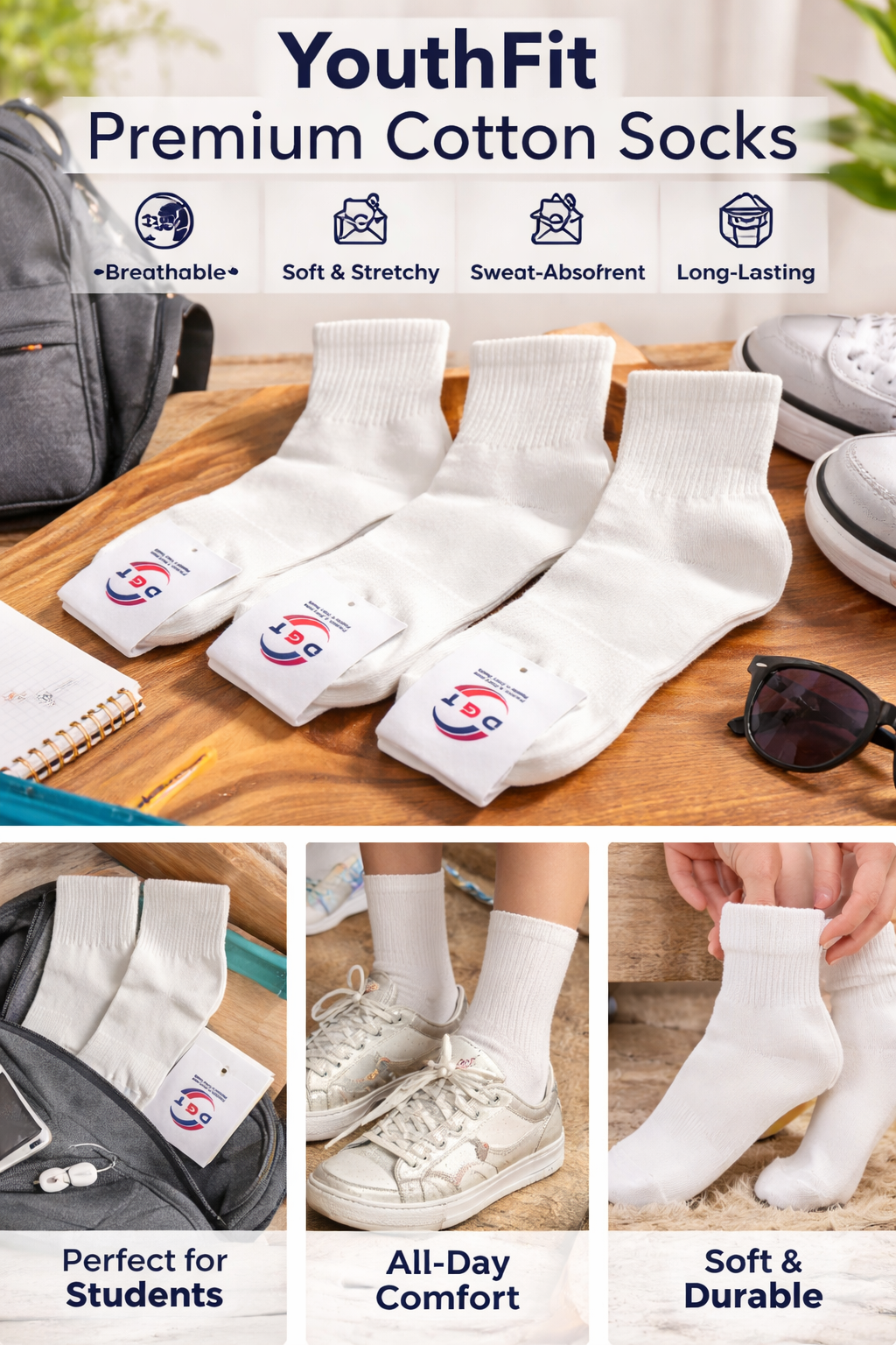 White Cotton Socks for Students & Young Adults | Breathable, Sweat-Absorbent, Soft Stretch Fit, Daily College & Casual Wear, Long-Lasting Comfort