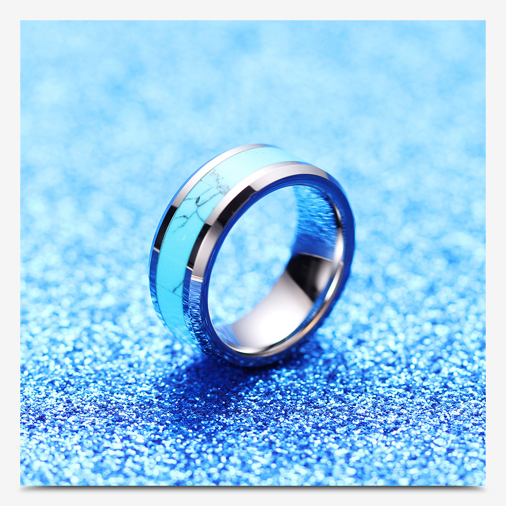 Sale】Simple Steel Stainless Steel Ring with Turquoise Versatile Fashion Titanium Steel Ring for Women
