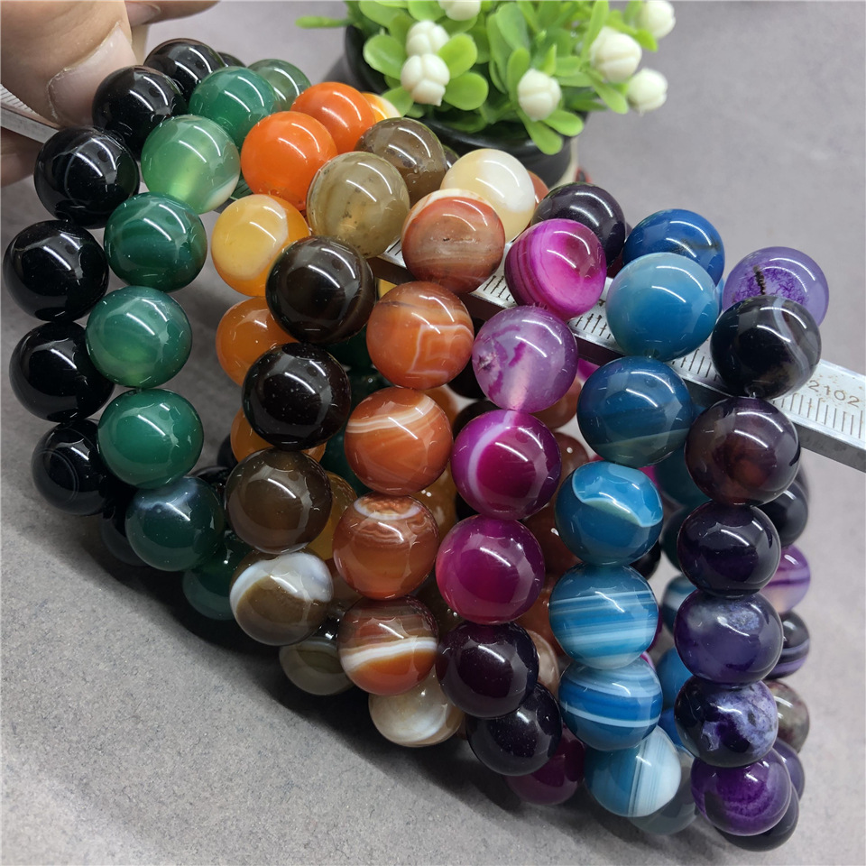 designs】Natural Blue Green Rose Red Black Striped Agate Beads 8/10/12mm Line Agate Bracelet for Men Women