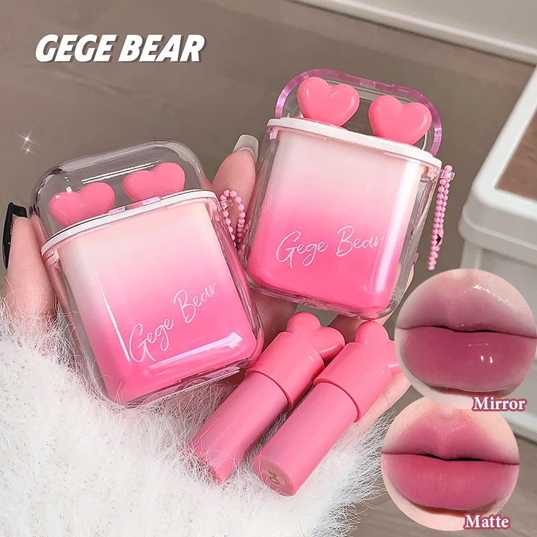 Heart Shape Lip Gloss Set (2pcs) | Glossy & Matte Velvet Lipstick Combo with Mirror | Moisturizing & Plumping Lip Makeup