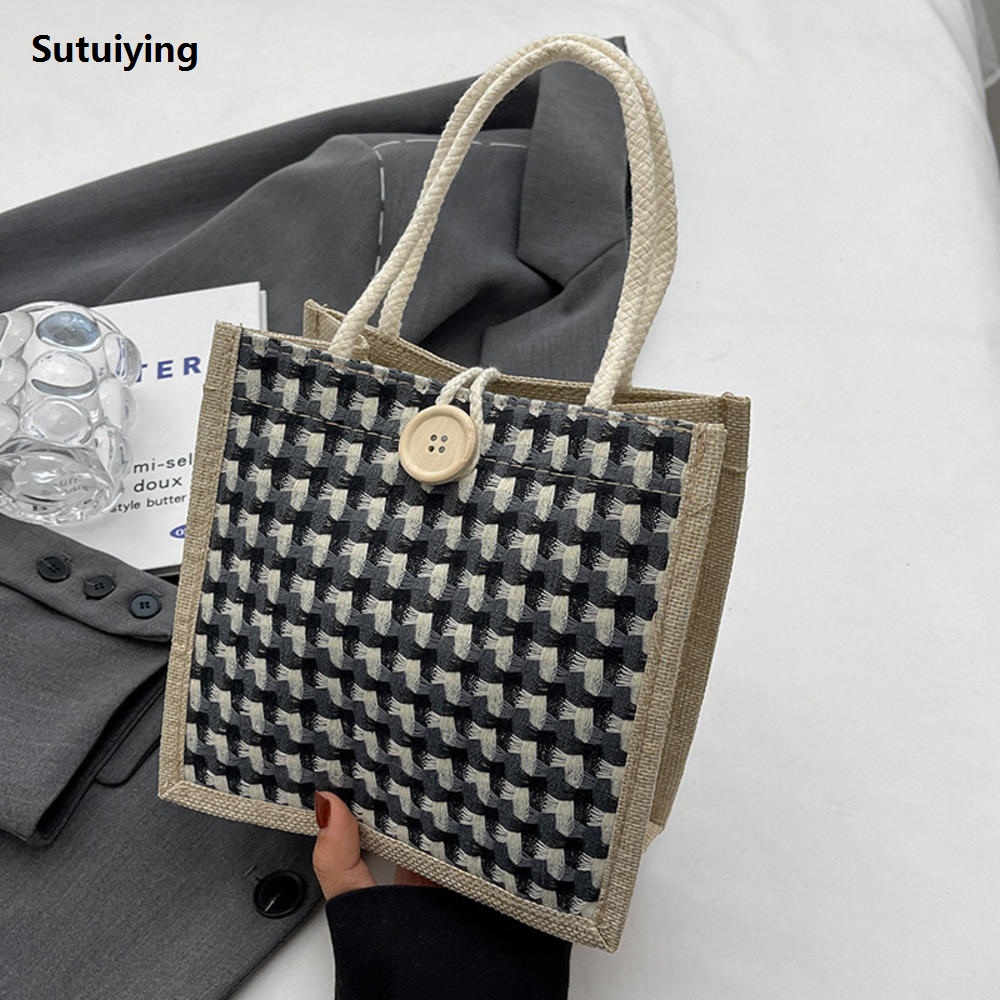 Sutuiying Jute Weaving Pattern Handbag Versatile Portable Grocery Organizer Jute Tote Bag Large Capacity Weaving Fifty percent discount Pattern Small Beach Bag for Women's Accessory Beach Outing Shopping Daily Errands Food Carrying