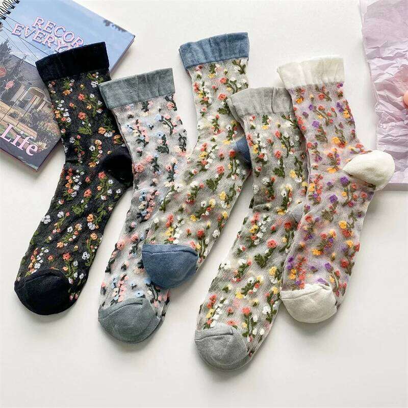 Womens Thin Summer New Novelty Color Ladies Transparent Breathable Korean Style Girls Flower Socks Modern