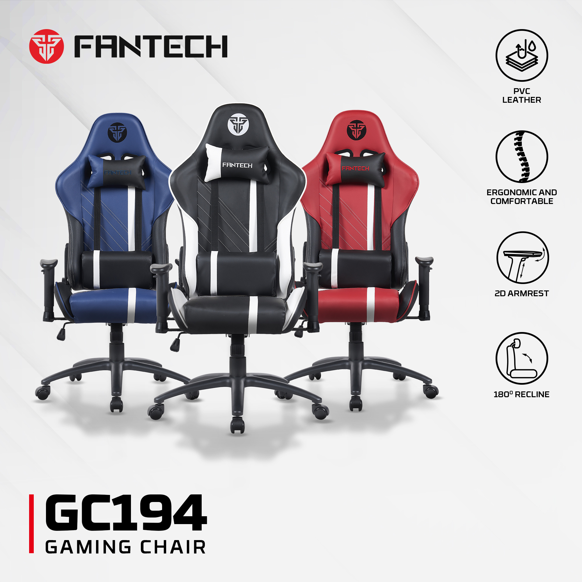 Fantech GC194 Ergonomic Gaming Chair with 180° Recline, Adjustable Armrests, and Comfortable Head