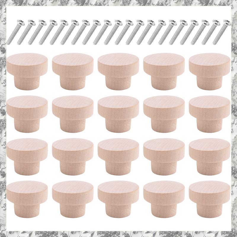 CGearuppt 20Pcs Round Unfinished Wood Drawer Knobs 35mm Dia Wood Furniture Cabinet Dresser Pulls