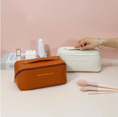 Large Travel Makeup Bag for Women - Leather Cosmetic Organizer & Toiletry Kit