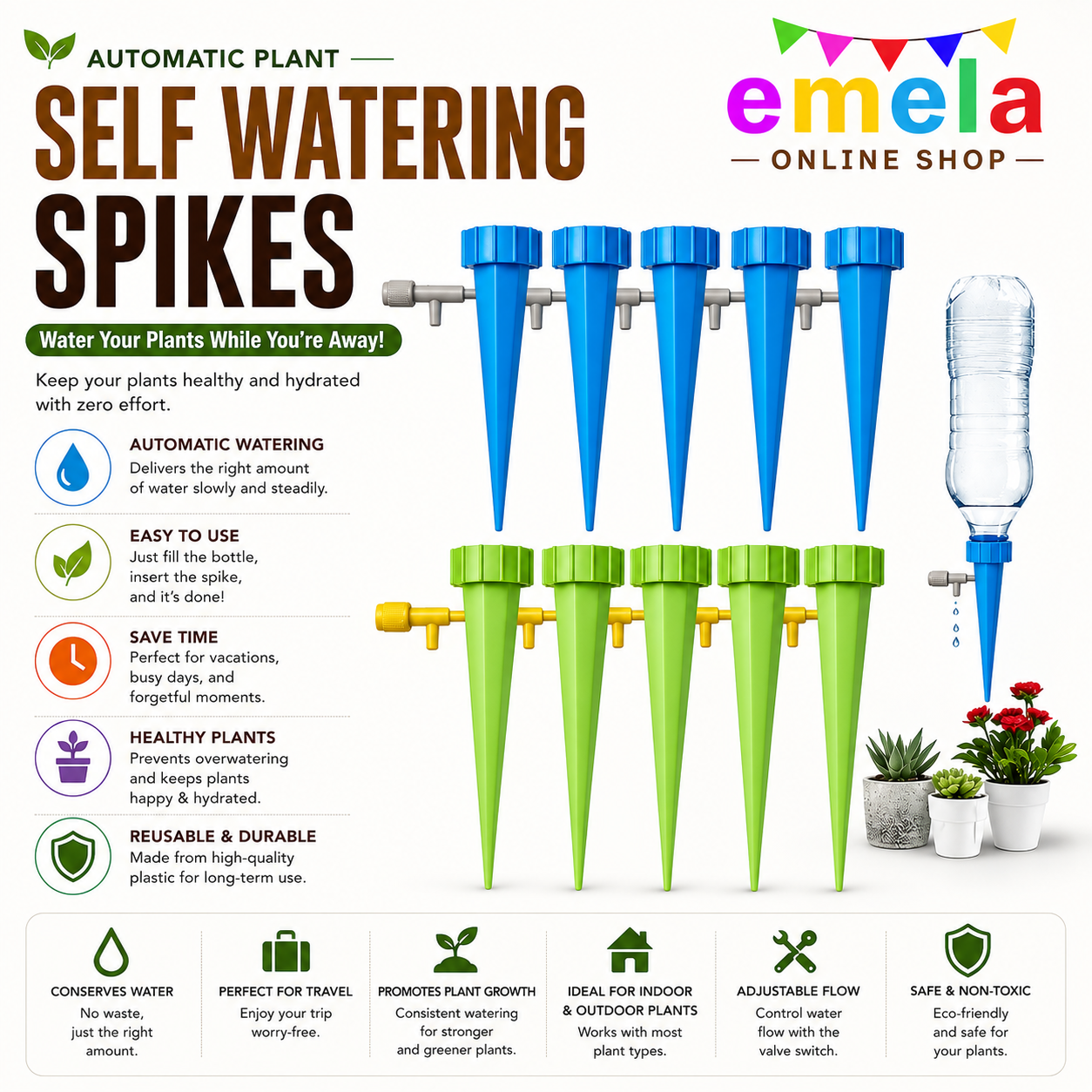 2 PCs Self Watering Spikes Plant Waterer Adjustable Self Watering Spikes-Plastic Bottle Drip Spikes Water Flow Drip Irrigation System with Control Valve Garden Plants Indoor and Outdoor