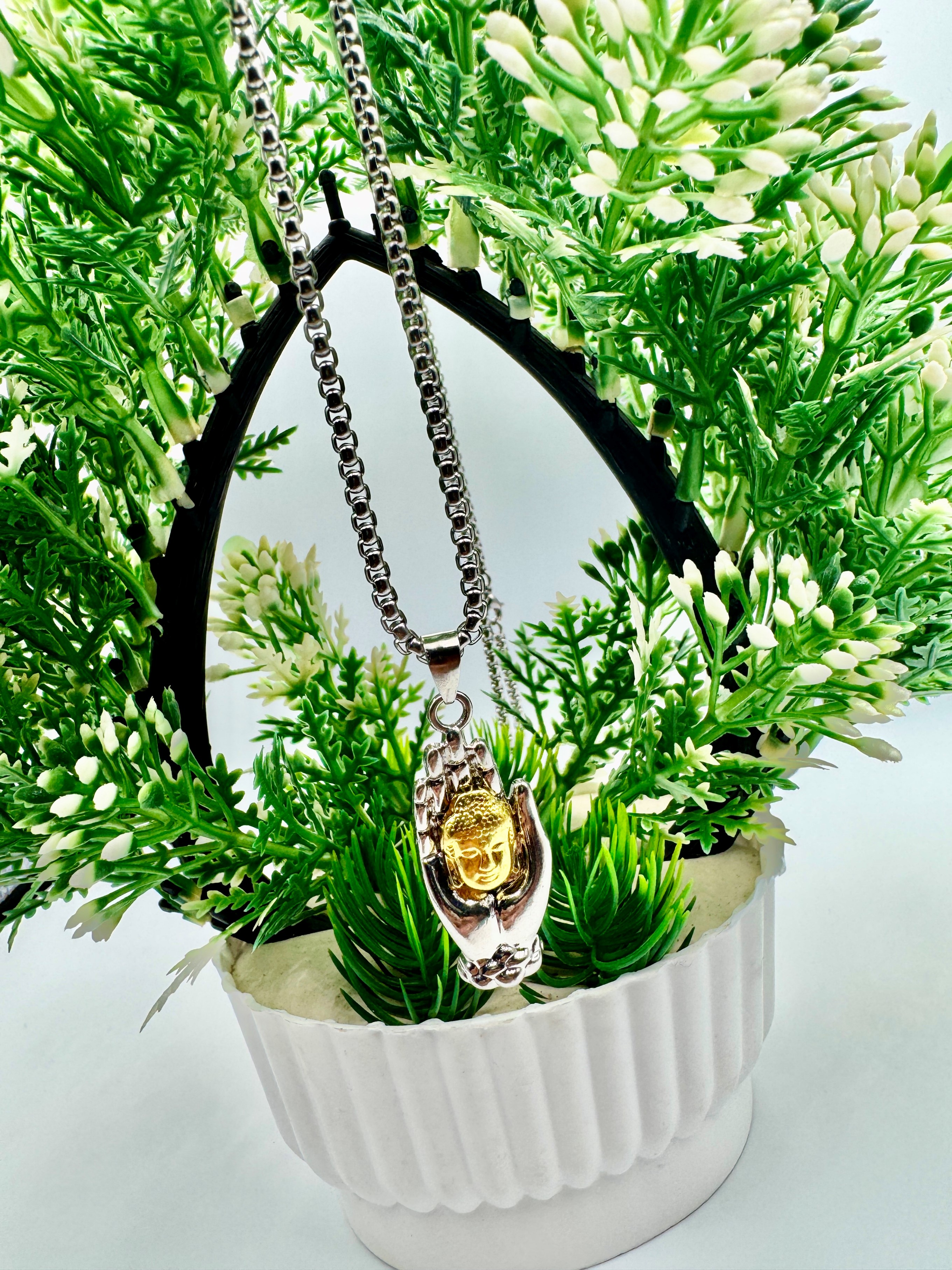 Golden Buddha Head With Hand Stainless Steel Pendant Necklace for Men & Women