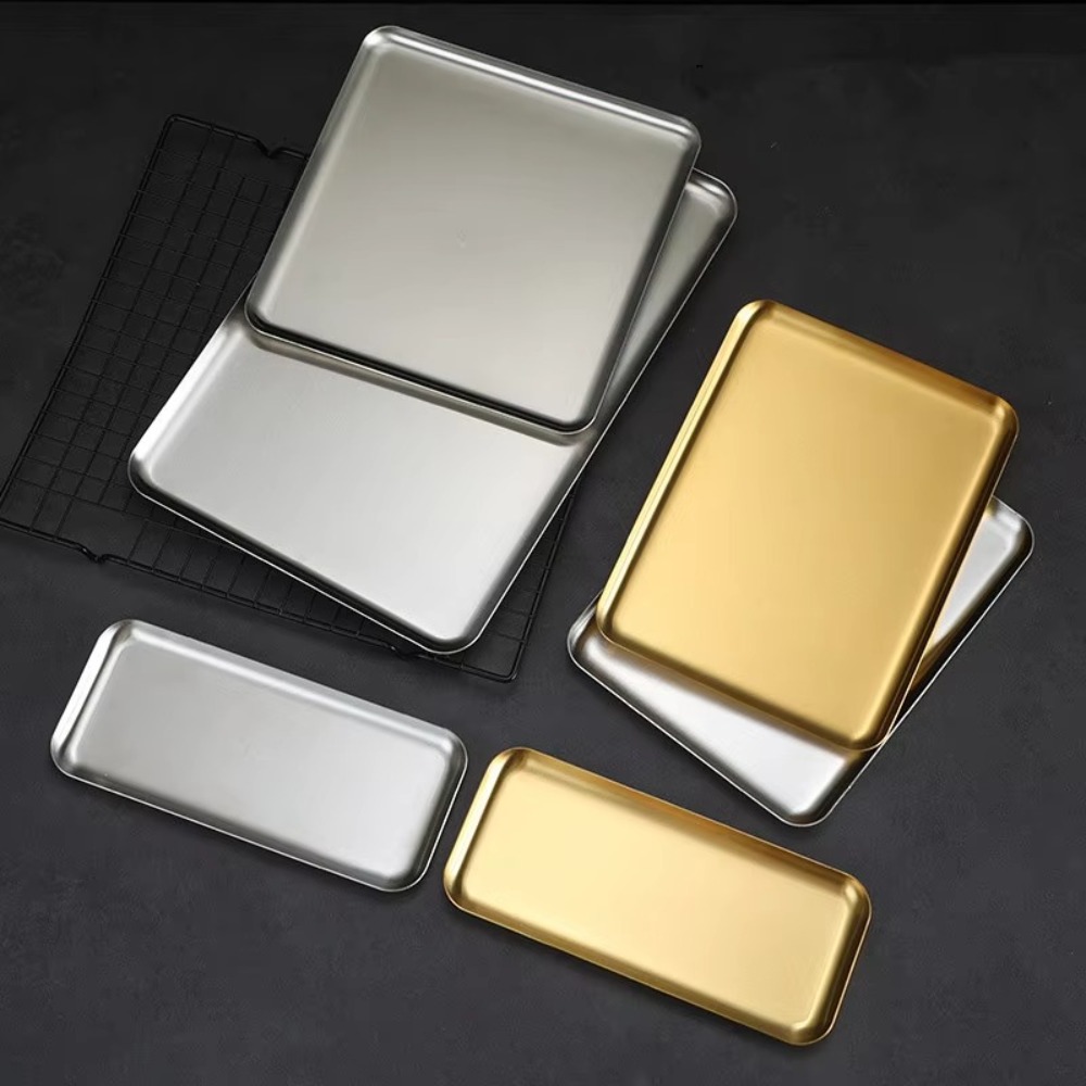 Golden 304 Stainless Steel Food Storage Trays Rectangular Non-Stick Baking Pastry Tray Easy to Clean Korean Roasting Pan BBQ Sushi